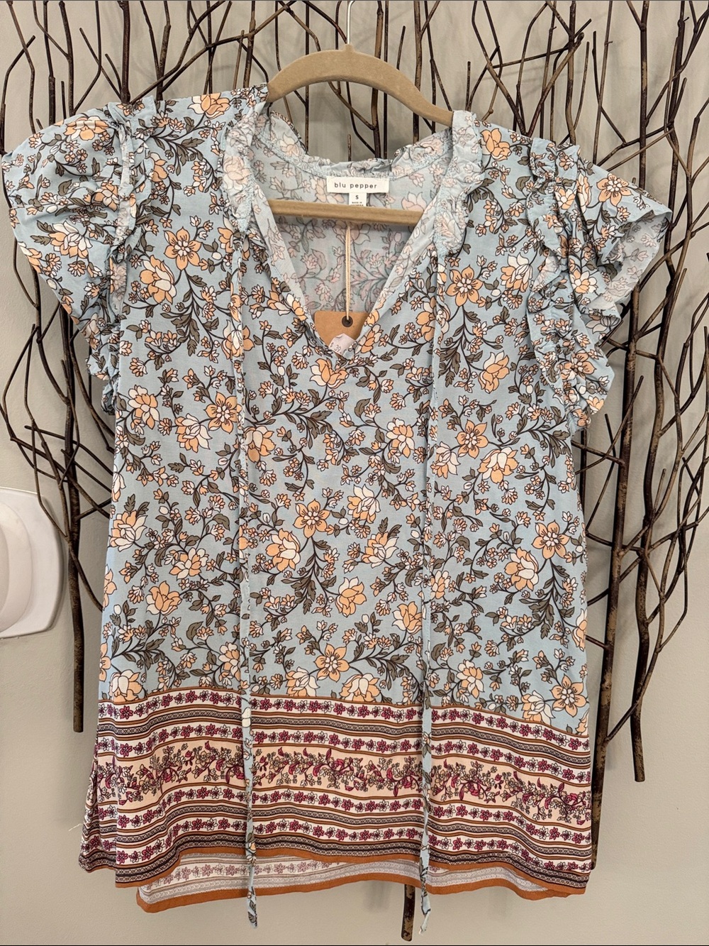 Blu Pepper Sky Blue Floral V-Neck Tie Tunic with Peach Accents